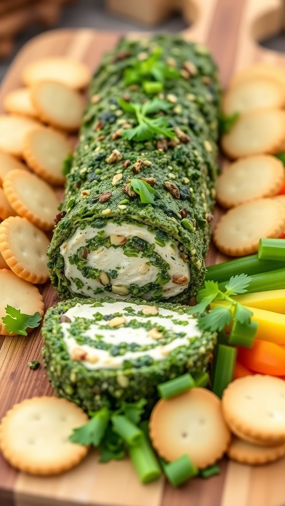 A savory kale log appetizer, sliced and garnished with herbs, served with crackers and vegetable sticks.